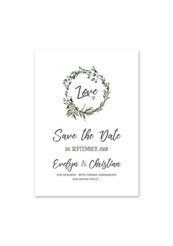 save the date vintage blumen kranz greenery grün eucalyptus hochzeitsgrafik onlineshop papeterie