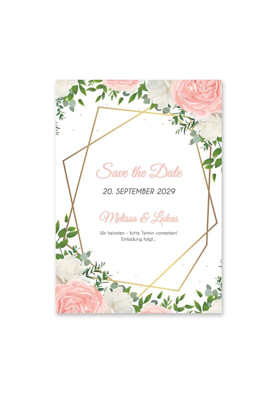 save the date elegant rosen rosa weiß grün geometrie gold hochzeitsgrafik onlineshop papeterie