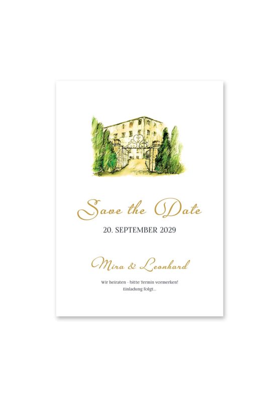 save the date vintage watercolor toskana villa tuscany gold aquarell acryl hochzeitsgrafik onlineshop papeterie