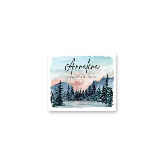 tischkarte hochzeit vintage landschaft aquarell winter blau rosa grau hochzeitsgrafik onlineshop papeterie