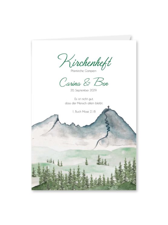 kirchenheft klappkarte hochzeit vintage landschaft berg berge baum bäume aquarell hochzeitsgrafik onlineshop papeterie