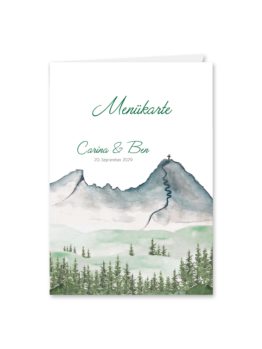 menükarte klappkarte hochzeit vintage landschaft berg berge baum bäume aquarell hochzeitsgrafik onlineshop papeterie
