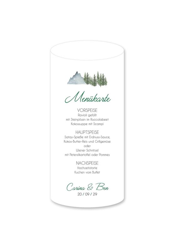 menükarte windlicht hochzeit vintage landschaft berg berge baum bäume aquarell hochzeitsgrafik onlineshop papeterie