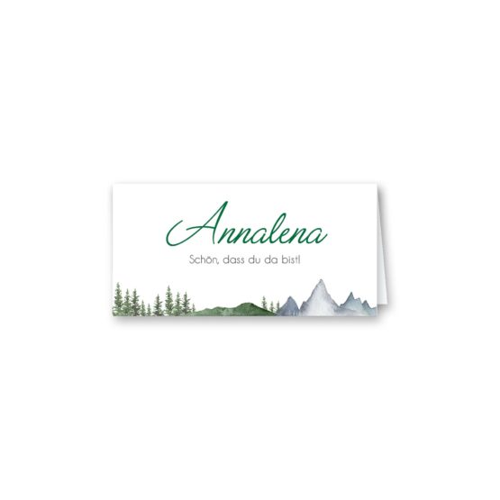 tischkarte klappkarte hochzeit vintage landschaft berg berge baum bäume aquarell hochzeitsgrafik onlineshop papeterie