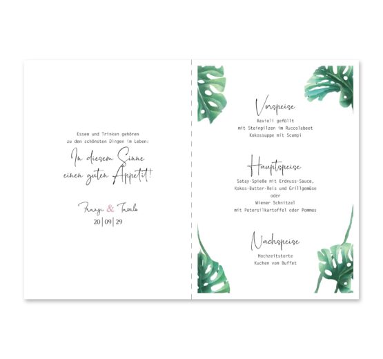 menükarte klappkarte hochzeit vintage palme palmenblatt monstera grün hochzeitsgrafik onlineshop papeterie