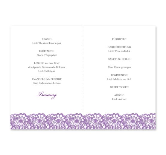 kirchenheft klappkarte hochzeit vintage spitze bordüre flieder lila hochzeitsgrafik onlineshop papeterie