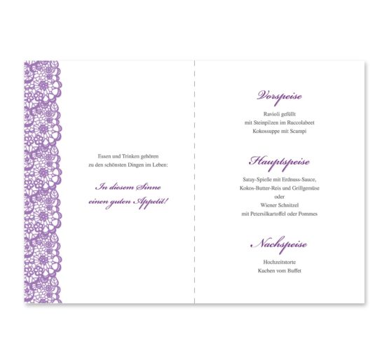 menükarte klappkarte hochzeit vintage spitze bordüre flieder lila hochzeitsgrafik onlineshop papeterie