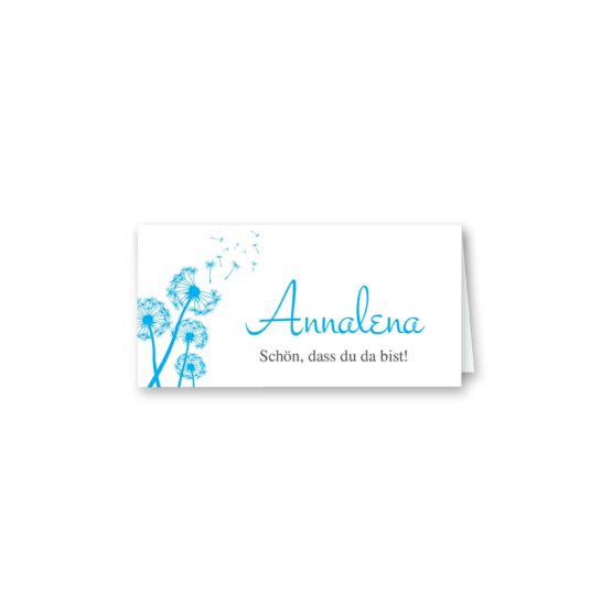 tischkarte klappkarte hochzeit pusteblume blume cyan blitzblau hochzeitsgrafik onlineshop papeterie