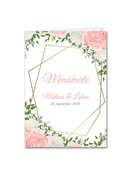 menükarte klappkarte hochzeit elegant rosen rosa weiß grün geometrie gold hochzeitsgrafik onlineshop papeterie