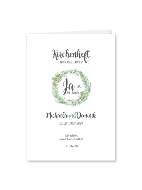 kirchenheft klappkarte hochzeit vintage watercolor blumenkranz greenery eucalyptus sukkulenten aquarell acryl hochzeitsgrafik onlineshop papeterie