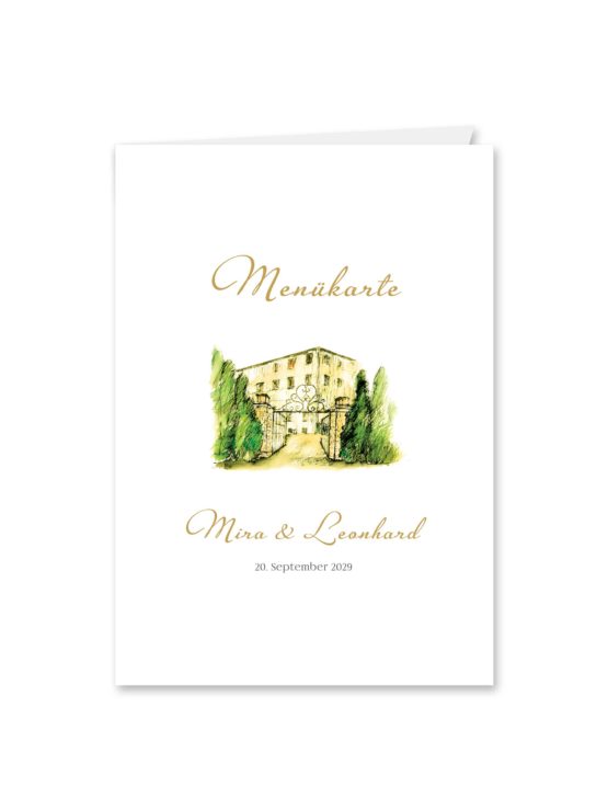 menükarte klappkarte hochzeit vintage watercolor toskana villa tuscany gold aquarell acryl hochzeitsgrafik onlineshop papeterie