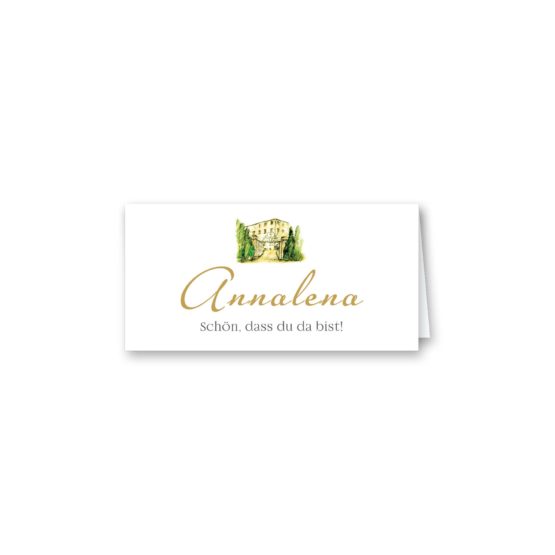 tischkarte klappkarte hochzeit vintage watercolor toskana villa tuscany gold aquarell acryl hochzeitsgrafik onlineshop papeterie