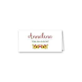 tischkarte klappkarte hochzeit vintage watercolor sonnenblume rot gelb aquarell acryl hochzeitsgrafik onlineshop papeterie