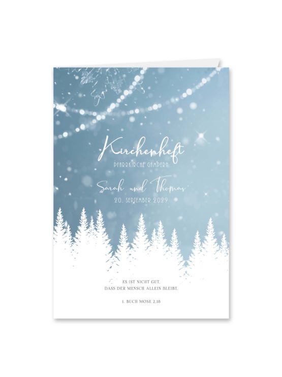 kirchenheft klappkarte hochzeit vintage winter landschaft bäume baum schnee eisblau lichterketten hochzeitsgrafik onlineshop papeterie