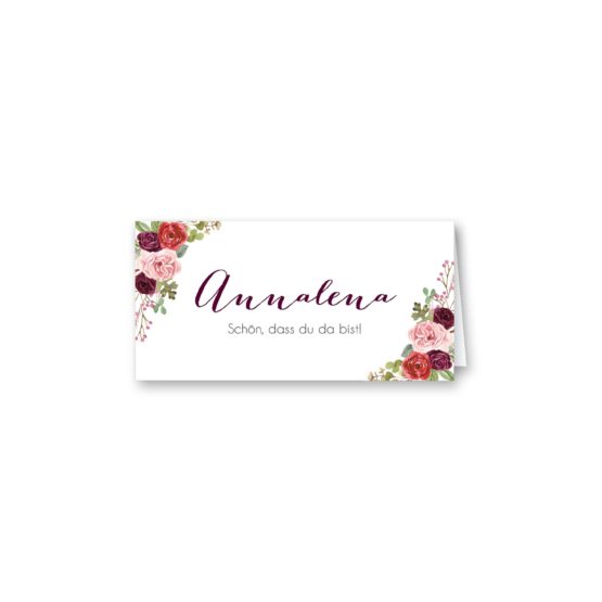 tischkarte klappkarte hochzeit vintage watercolor aquarell acryl blumen eucalyptus rosen rosa aubergine rot weinrot hochzeitsgrafik onlineshop papeterie