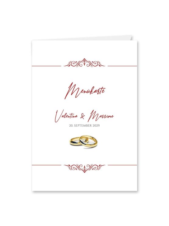 menükarte hochzeit klappkarte elegant ornament rot ringe gold eheringe königlich kaiser hochzeitsgrafik onlineshop papeterie